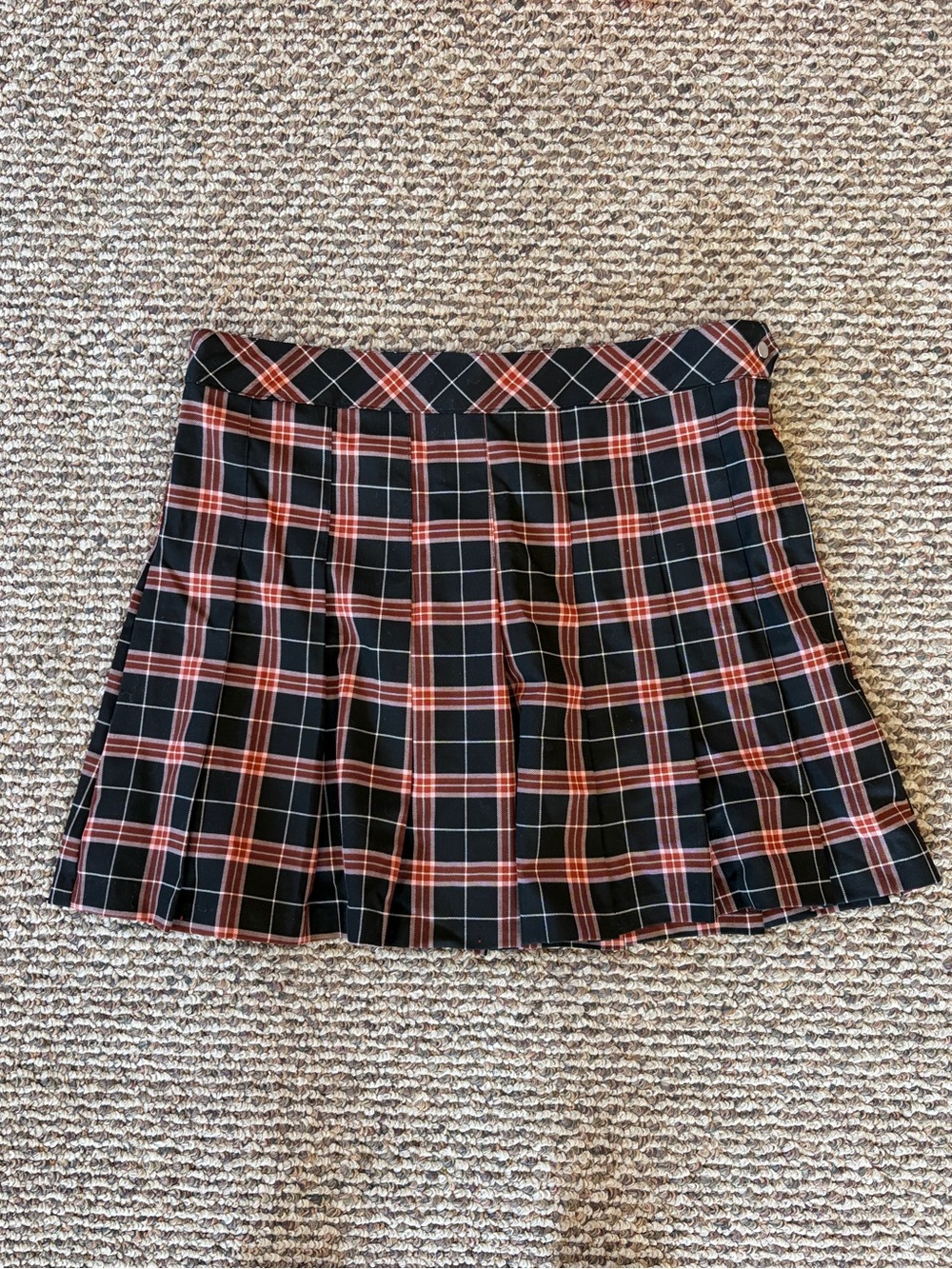 H&M Black Plaid Pleated Skater Skirt with Red Accents